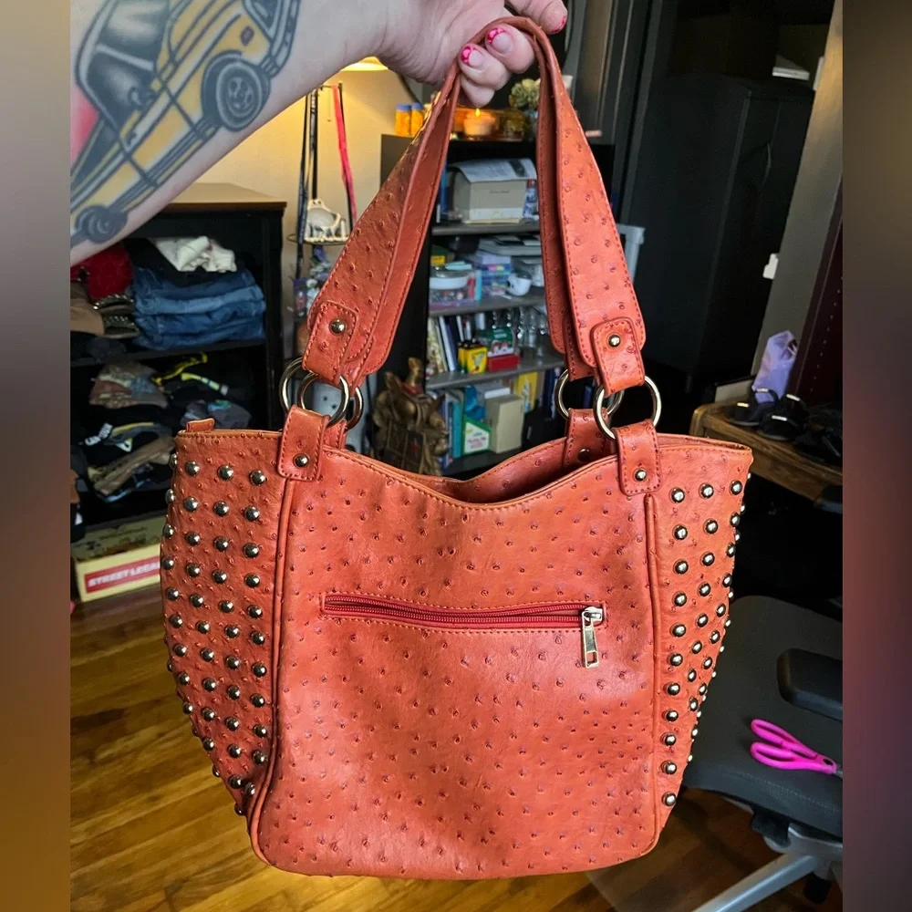 Expressions NYC Orange Faux Ostrich Studded Shoulder Bag Slightly Flawed - Picture 2 of 16